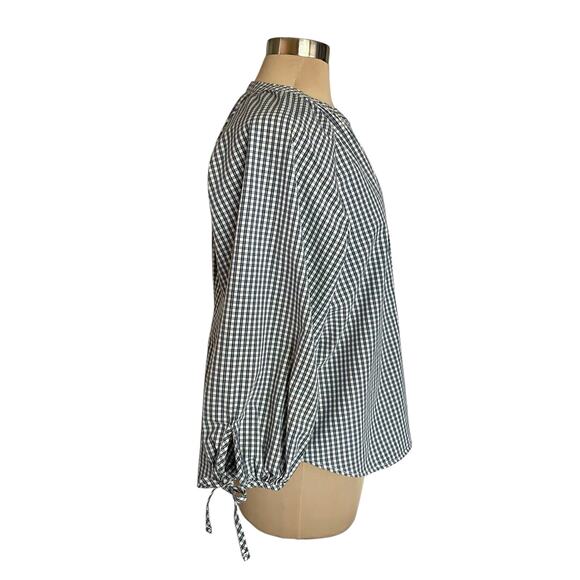 Free Assembly Gingham Plaid Navy White Button Up Shirt LRG Peasant Casual Spring - Picture 6 of 9